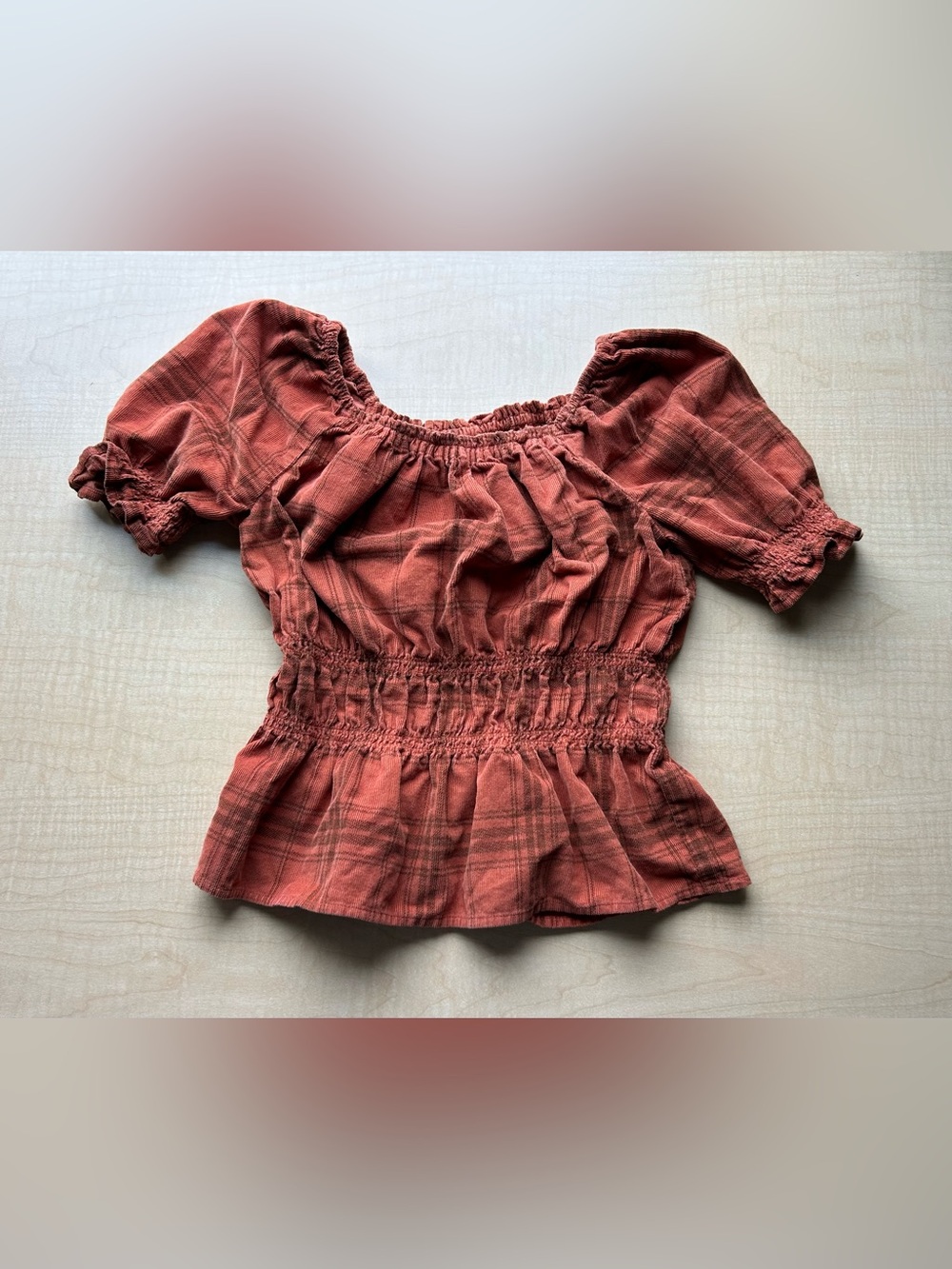 Wonder Nation Girls Orange Plaid Corduroy Smocked Peplum Top Size M 7-8 Autumn
